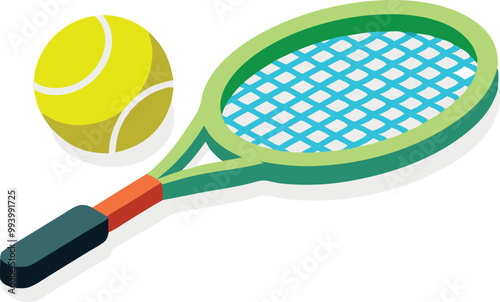 Isometric tennis racket and ball, sports and recreation concept illustration