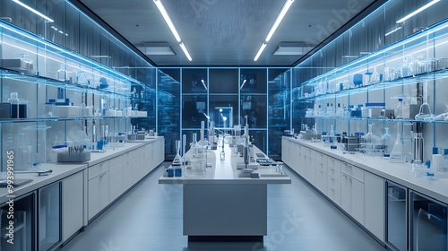 Modern Laboratory Interior with Glassware and Equipment