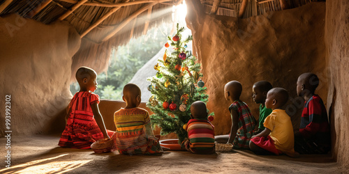 Children Joyfully Celebrate Christmas Around a Decorated Tree in a Rustic Village Setting