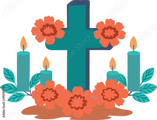 Altar with cross and candles for Day of the Dead celebration, isometric cultural illustration