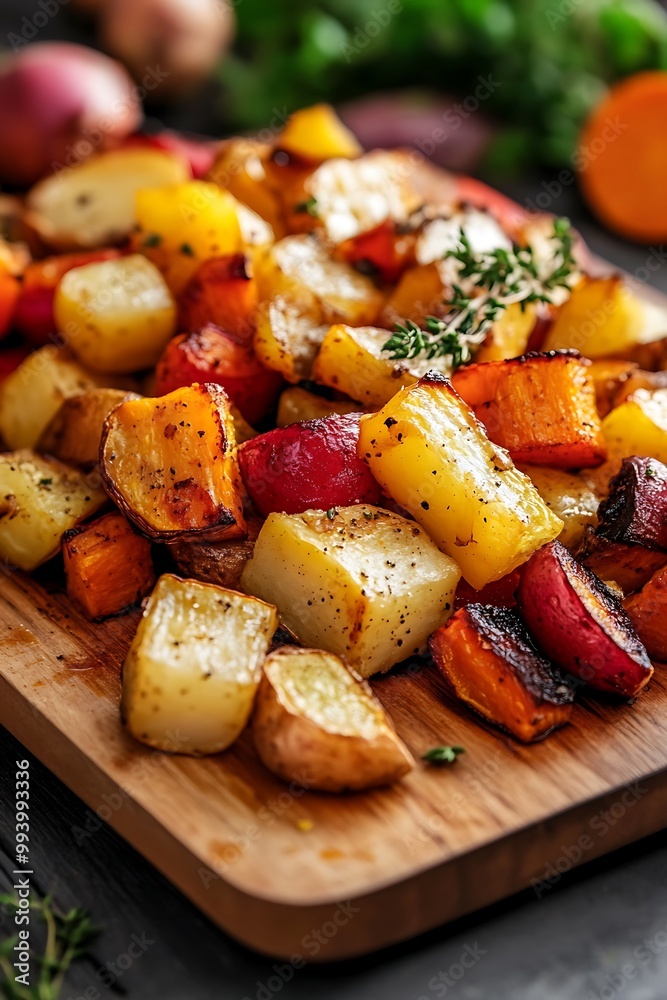 Roasted Root Vegetables on a Wooden Cutting Board. Roasted Root Vegetables on a Wooden Cutting Board.