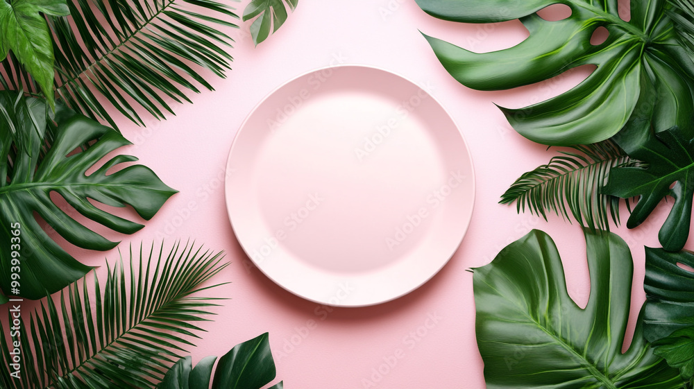 Fototapeta premium A minimalist round plate surrounded by vibrant tropical leaves on a pink background for a stunning restaurant presentation