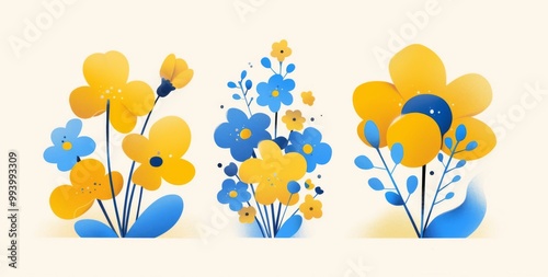 Three frame art of  yellow and blue flower icons, simple shapes, on a white background