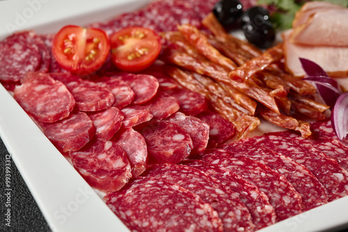 Assorted Cold Cuts on White Plate - Banquet Meat Platter with Sliced Tomatoes and Olives