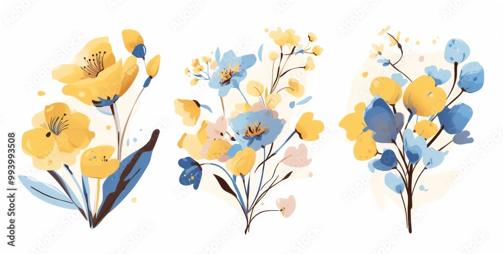 Three frame art of yellow and blue flower icons, simple shapes, on a white background Three frame art of yellow and blue flower icons, simple shapes, on a white background