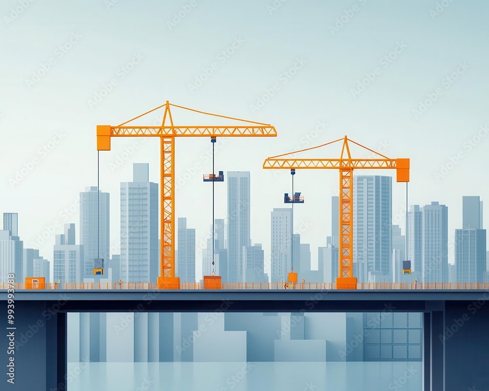 Prefabricated concrete sections being installed on a modern bridge, cranes hoisting them into place under a vibrant cityscape, Modern, 3D Art Prefabricated concrete sections being installed on a modern bridge, cranes hoisting them into place under a vibrant cityscape, Modern, 3D Art