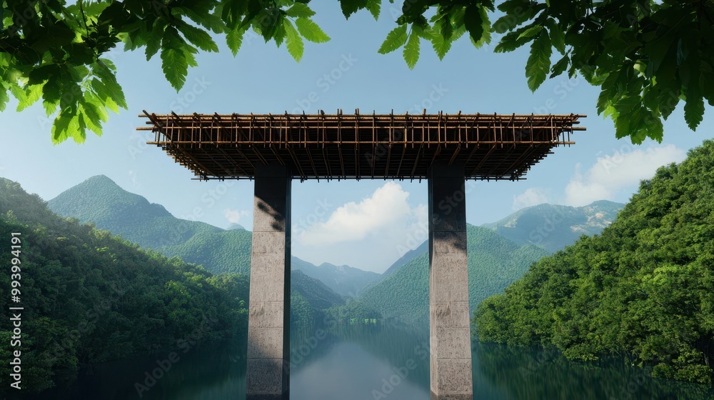 Bridge under construction using eco-friendly materials like bamboo and recycled steel, surrounded by nature, Sustainability, Digital Art Bridge under construction using eco-friendly materials like bamboo and recycled steel, surrounded by nature, Sustainability, Digital Art