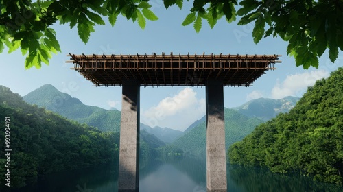 Bridge under construction using eco-friendly materials like bamboo and recycled steel, surrounded by nature, Sustainability, Digital Art