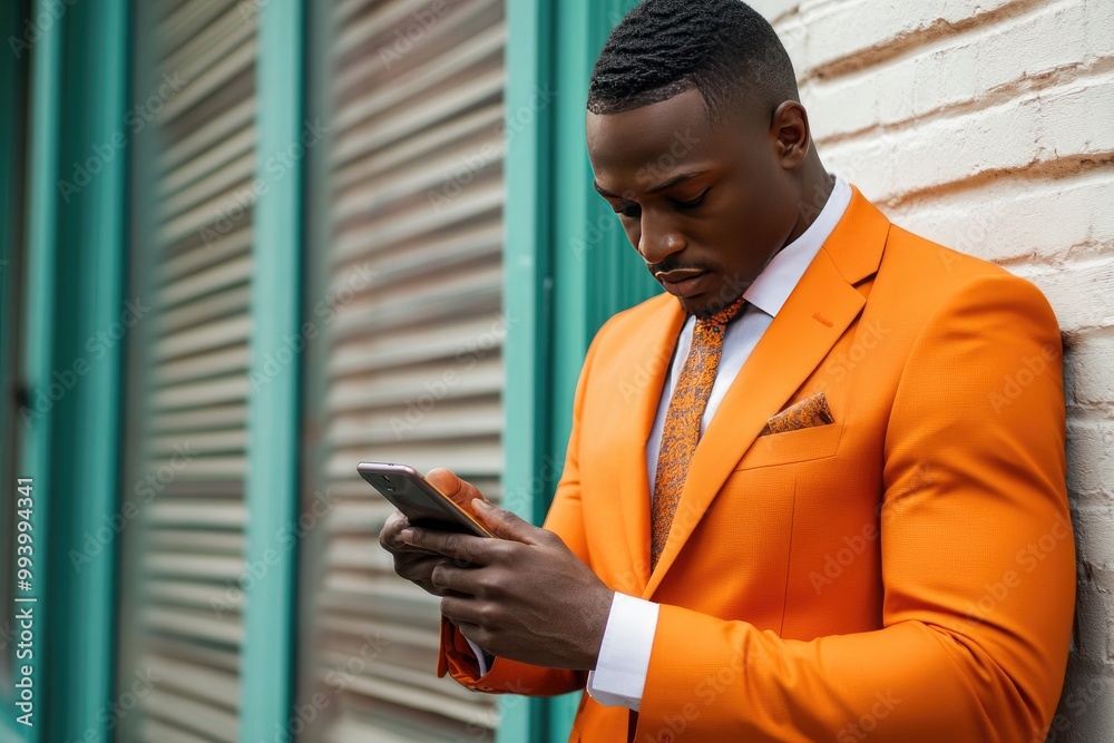Man in orange suit using smartphone. Great for articles on fashion, business, or modern life. Man in orange suit using smartphone. Great for articles on fashion, business, or modern life.