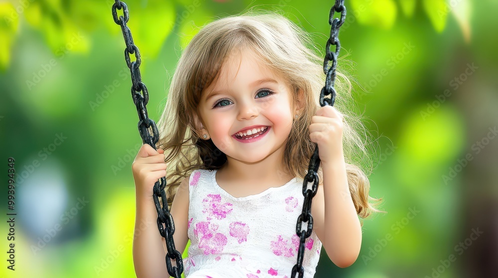 Girl swinging outdoors, smiling, lush foliage, white dress with pink floral patterns. Girl swinging outdoors, smiling, lush foliage, white dress with pink floral patterns.