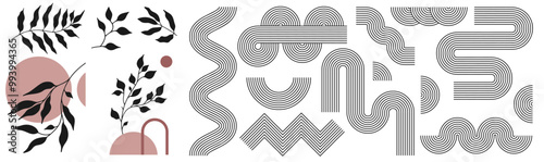 Zen arch set, simple line arch, botanical elements and geometric shapes. Geometric Japanese zen pattern minimal elements. Boho style strips.