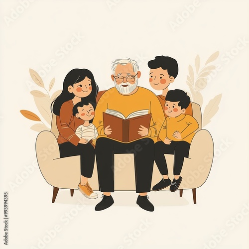 A grandfather reading a book to his grandchildren on a cozy sofa during family time