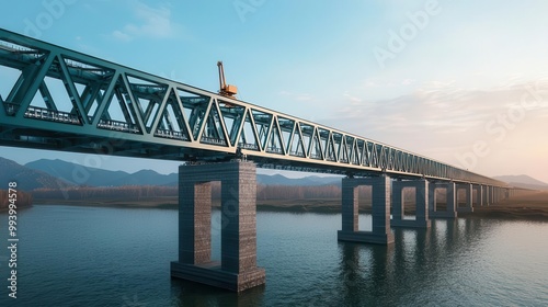 Steel and concrete bridge under construction, robotic arms lifting modular sections into place over a wide river, Modern, 3D Render