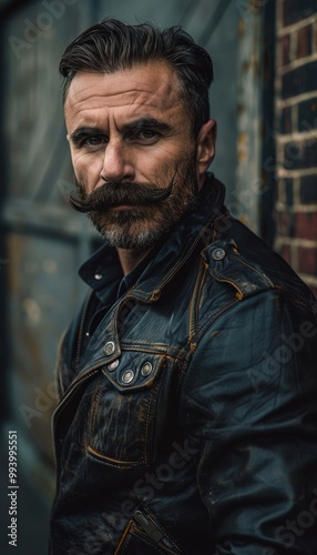 Vintage Style Portrait of a Man with Dramatic Waxed Mustache in Urban Industrial Setting