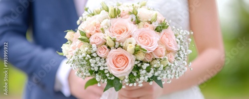 Bride and Groom Holding Bouquet of Flowers