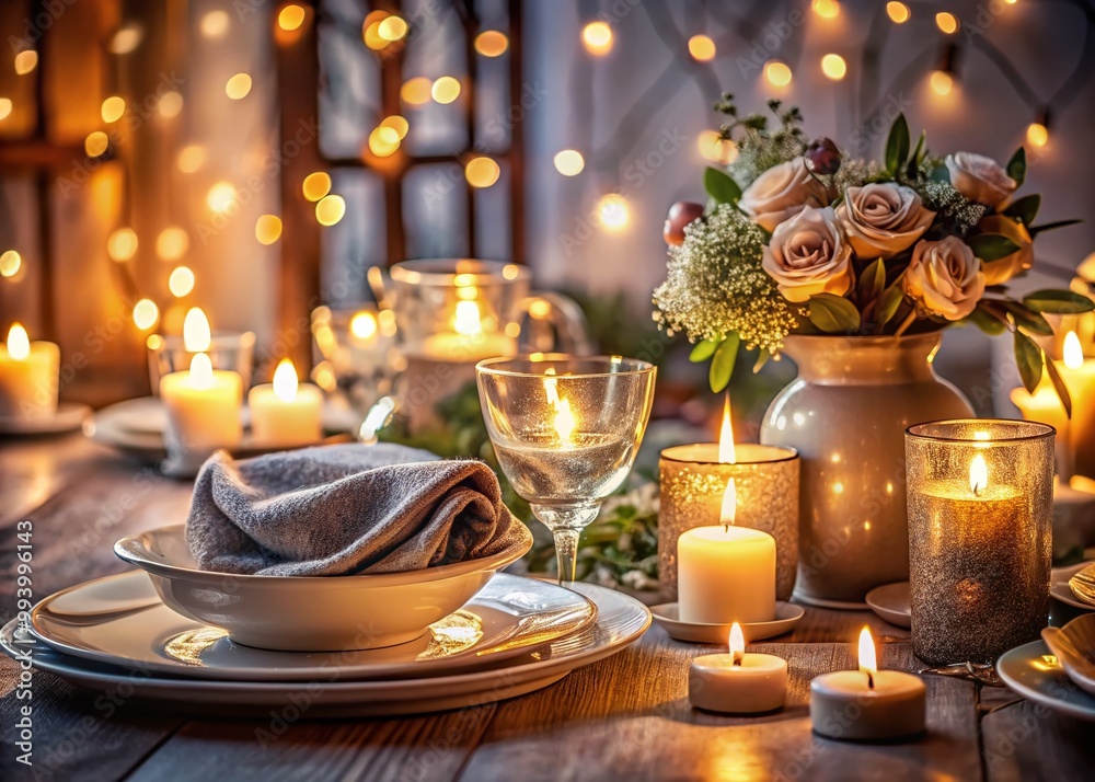 Cozy Romantic Dinner Setting with Soft Lighting, Elegant Tableware, and Charming Decorative Elements Cozy Romantic Dinner Setting with Soft Lighting, Elegant Tableware, and Charming Decorative Elements