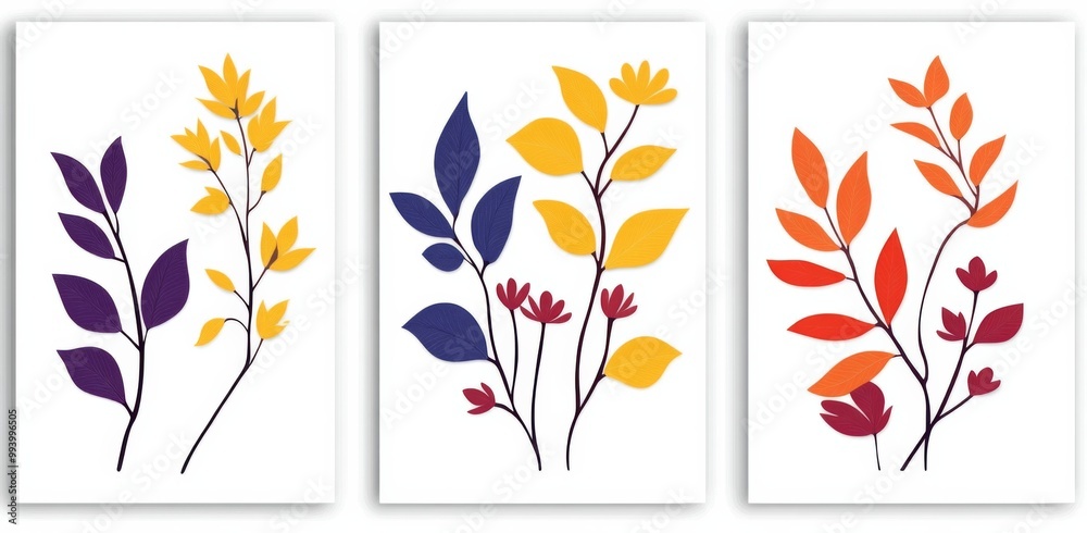 Three designs side by side featuring simple shapes of leaves and flowers in purple, blue, orange, yellow, and red on a white background. Three designs side by side featuring simple shapes of leaves and flowers in purple, blue, orange, yellow, and red on a white background.