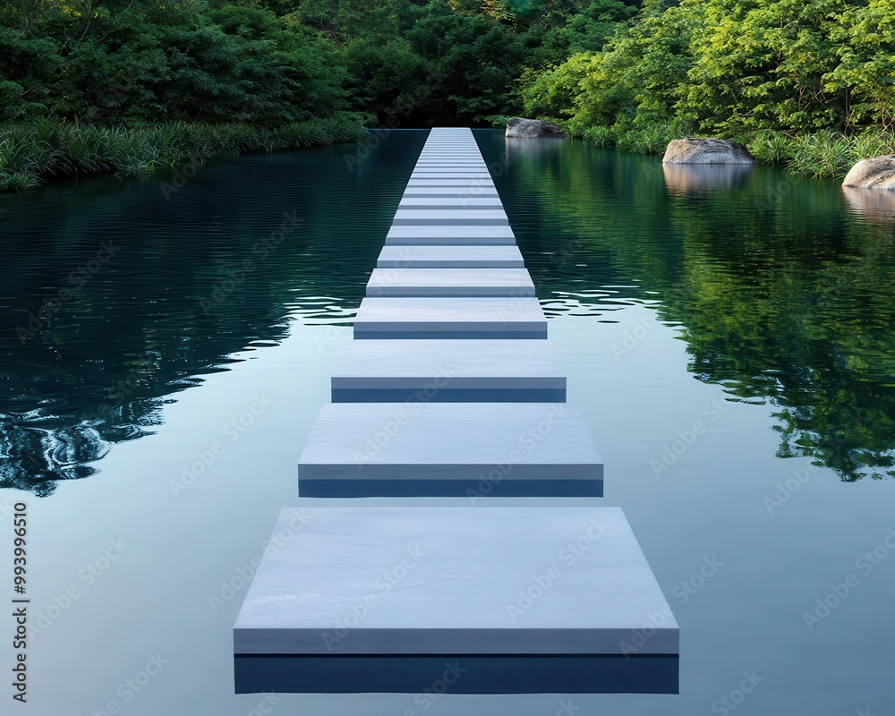 Naklejka premium Modular bridge system made of aluminum alloy and carbon fiber being installed over a river, surrounded by nature, Modern, 3D Art