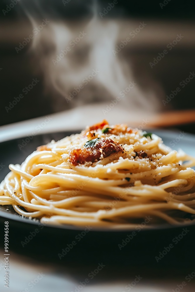 Fototapeta premium Steaming plate of spaghetti carbonara with parmesan cheese and bacon.