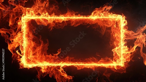 A rectangular frame with intense fire on a dark background, creating a bold and dramatic effect.