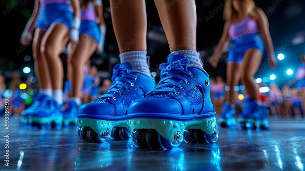 Bright Blue Roller Skates in Action on the Rink Bright Blue Roller Skates in Action on the Rink