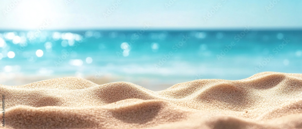 Serene beach with light sand, blurred turquoise ocean merging into clear blue sky. Serene beach with light sand, blurred turquoise ocean merging into clear blue sky.
