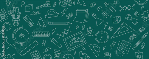 linear doodle horizontal background with stationery and stuff for school and education. doodles for website poster backdrop wallpaper background banner package wrapping