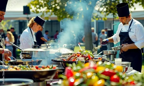 A group of chefs are cooking food in front of a crowd Video