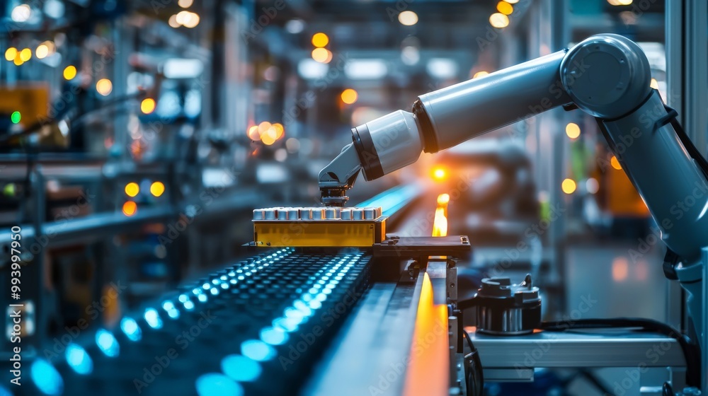 Obraz premium A close-up of a product moving along a conveyor belt in a high-tech factory, with robotic arms sorting and packaging items, illustrating the efficiency of automated production