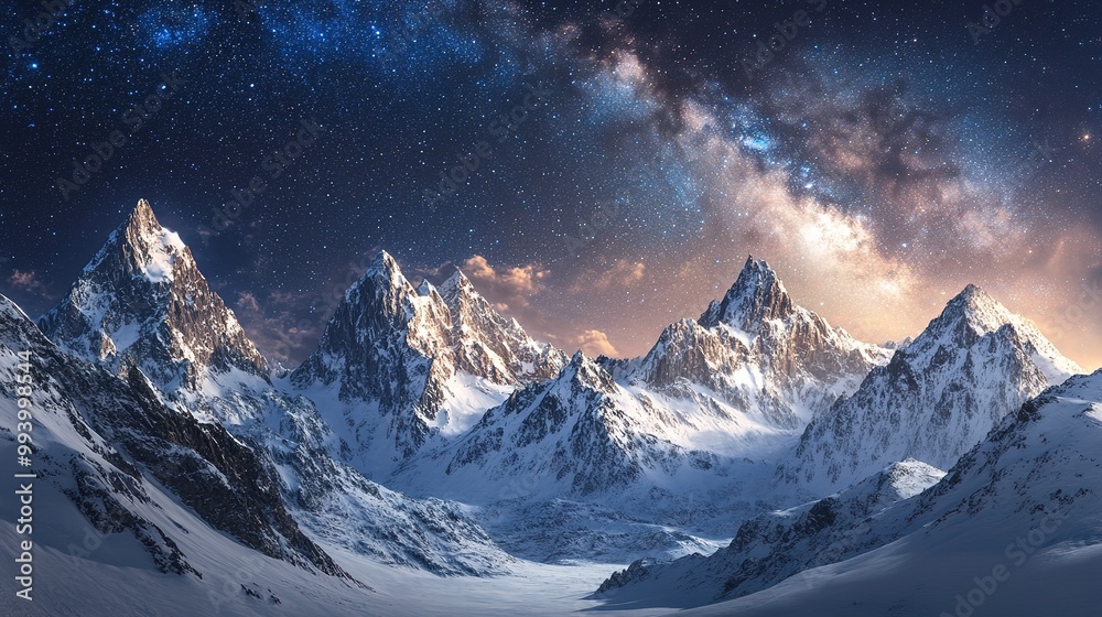 Starry sky above snowy mountain peaks Starry sky above snowy mountain peaks