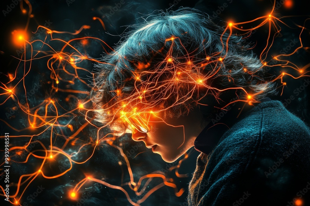 Obraz premium Elderly man with a glowing burst of energy from his head symbolizing knowledge innovation and the brilliance of late stage creativity and intellectual power in a futuristic scene