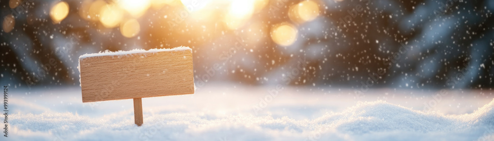 Fototapeta premium Wooden sign in serene winter landscape, gently blanketed by snow, as soft sunlight filters through falling snowflakes, evoking a peaceful, wintry atmosphere.