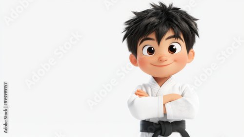 Cartoon Boy Karate Kid Black Belt  D Illustration