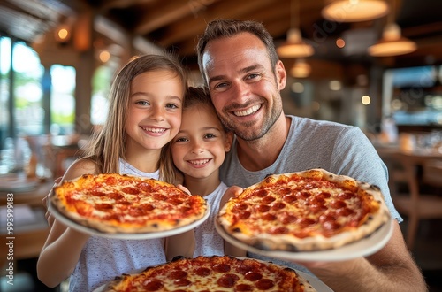 A happy family of three smiles while holding pizza in their hands, with the father wearing gray short sleeves and his daughter's hair tied back to her shoulders.  photo