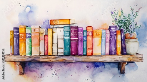 Watercolor Artistic using soft, brushy watercolor strokes, Single object picture Living Room â€“ a rustic bookshelf filled with colorful books