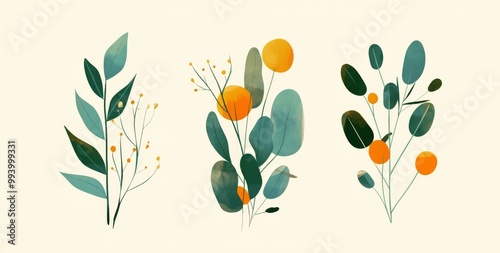 Wallpaper Mural Three minimalist plant designs featuring a harmonious green and orange color palette on white backgrounds. Torontodigital.ca