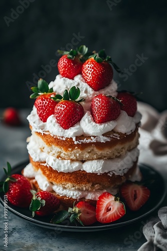 Delicious Strawberry Cake with Whipped Cream.