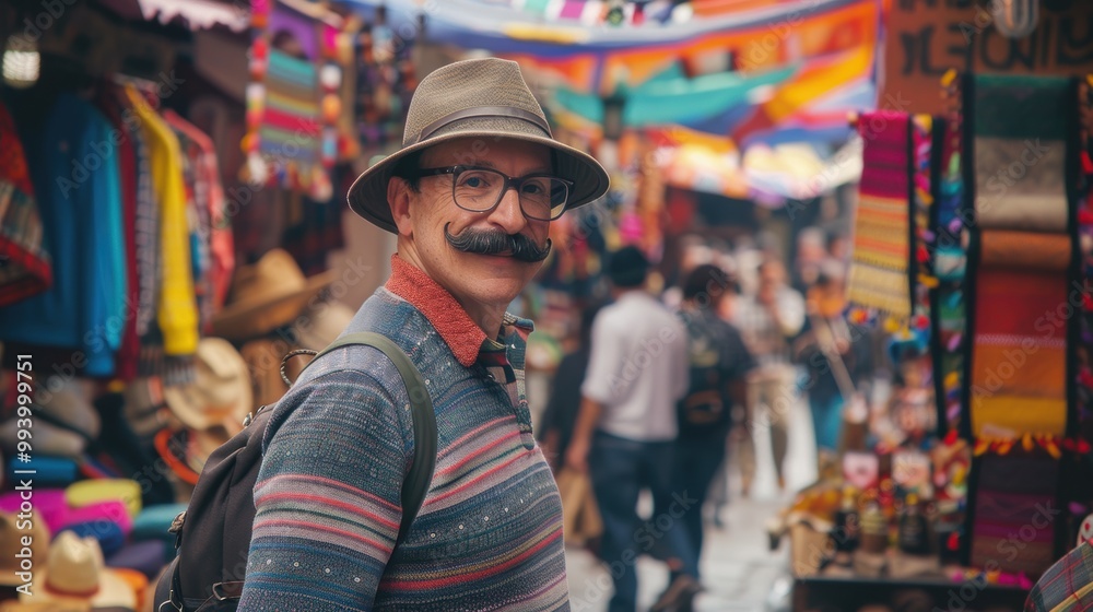 Stylish Man Exploring Vibrant Market with Movember Mustache and Festive Decor: Ideal for Card or Poster Design Stylish Man Exploring Vibrant Market with Movember Mustache and Festive Decor: Ideal for Card or Poster Design