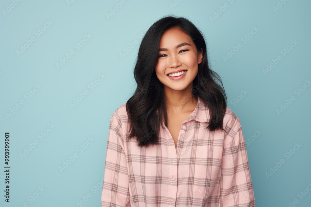 Portrait of a blissful asian woman in her 20s wearing a comfy flannel shirt isolated on solid pastel color wall Portrait of a blissful asian woman in her 20s wearing a comfy flannel shirt isolated on solid pastel color wall