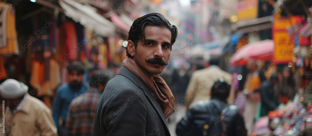 Stylish Man Wearing a Tailored Jacket in a Crowded Street Market with Vibrant Colors and Cultural Energy Stylish Man Wearing a Tailored Jacket in a Crowded Street Market with Vibrant Colors and Cultural Energy