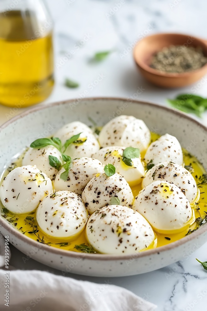 Fresh Mozzarella Balls Marinated in Olive Oil and Herbs. Fresh Mozzarella Balls Marinated in Olive Oil and Herbs.