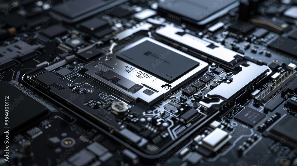 A close-up of the internal hardware components of the latest smartphones, highlighting cutting-edge processor and memory technologies. A close-up of the internal hardware components of the latest smartphones, highlighting cutting-edge processor and memory technologies.