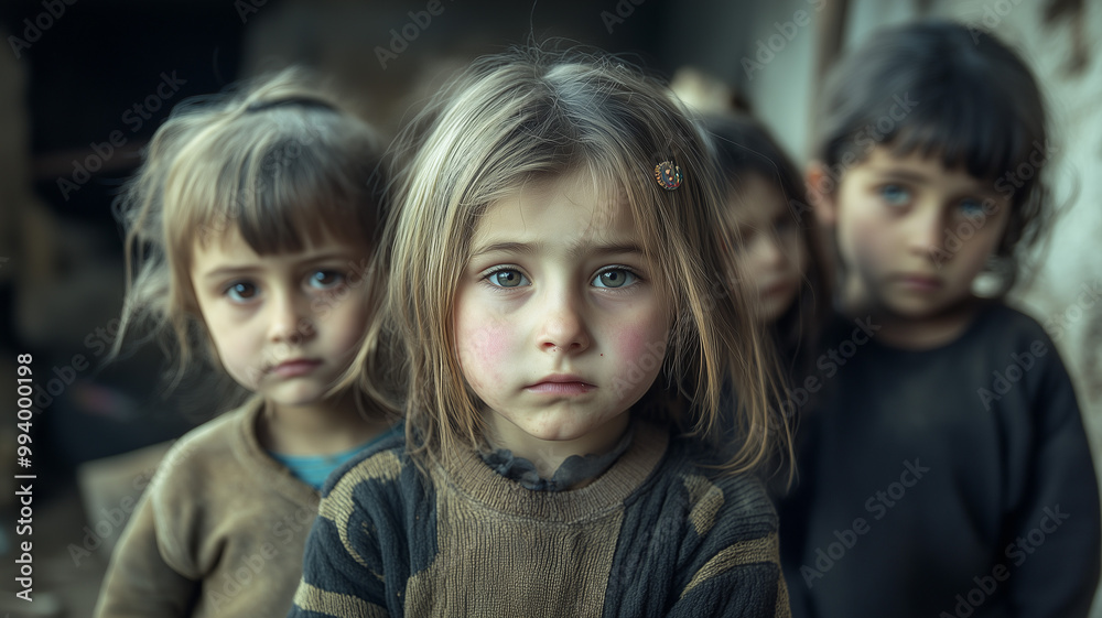 Some helpless helpless children stand together looking at the camera. Ai generated Some helpless helpless children stand together looking at the camera. Ai generated