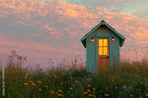 Small wooden playhouse with its lights on is standing in a field of wildflowers at sunset photo