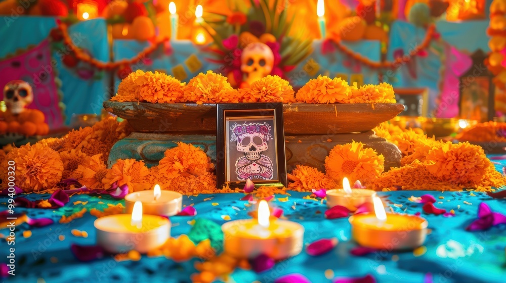 Fototapeta premium Brightly Decorated Day of the Dead Altar with Marigold Flowers and Candle Light