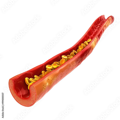 Clogged artery with cholesterol plaque restricting blood flow medical concept