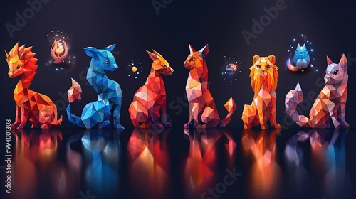 Chinese horoscope zodiac collection, geometric minimalist style. Animals symbols of Chinese New year . Set of mascots: rabbit, dragon, snake, tiger, ox, rat, pig, dog, rooster, monkey, goat, horse photo