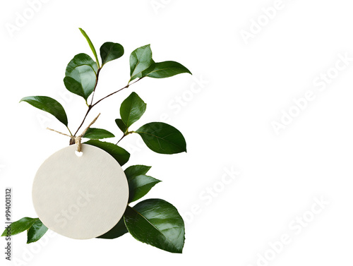Wallpaper Mural Round White Tag Mockup Attached to Green Leaf Branch Isolated on Transparent Background Torontodigital.ca