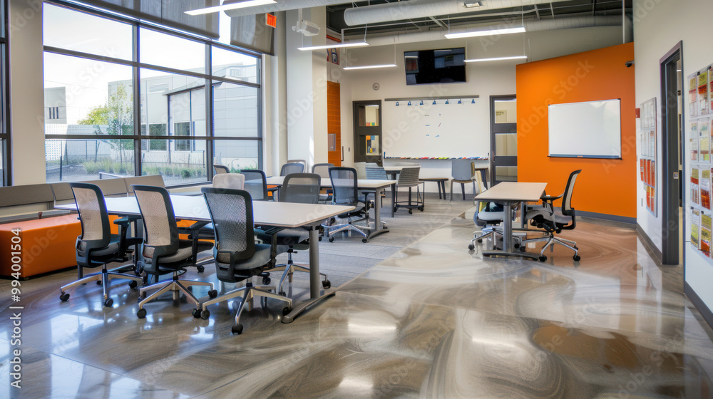 A collaborative workspace for creative industries, with open areas, communal tables, and creative tools like whiteboards and sketchpads. A collaborative workspace for creative industries, with open areas, communal tables, and creative tools like whiteboards and sketchpads.