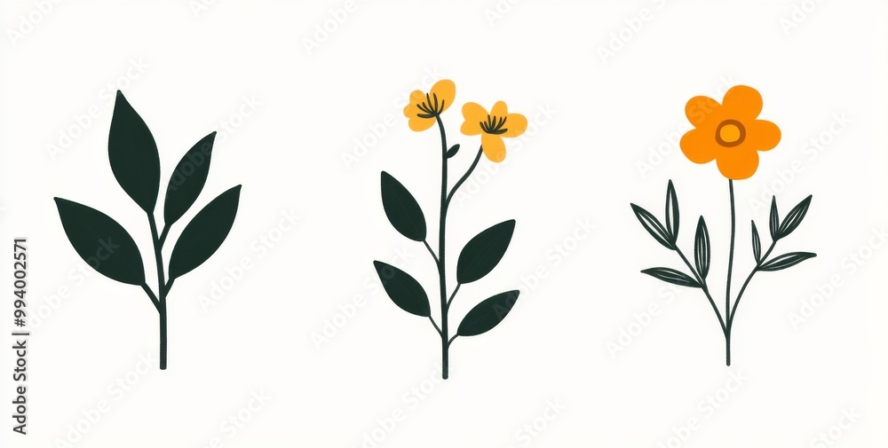 Three minimalist plant icons in dark green and orange on a white background Three minimalist plant icons in dark green and orange on a white background